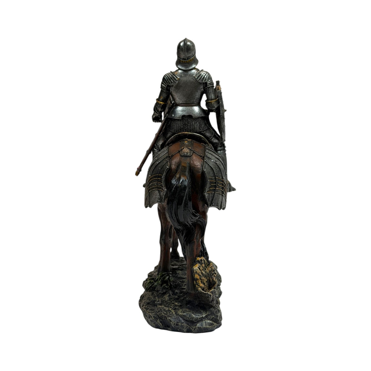 A detailed equestrian statue of a knight in full armor riding a horse, shown from behind