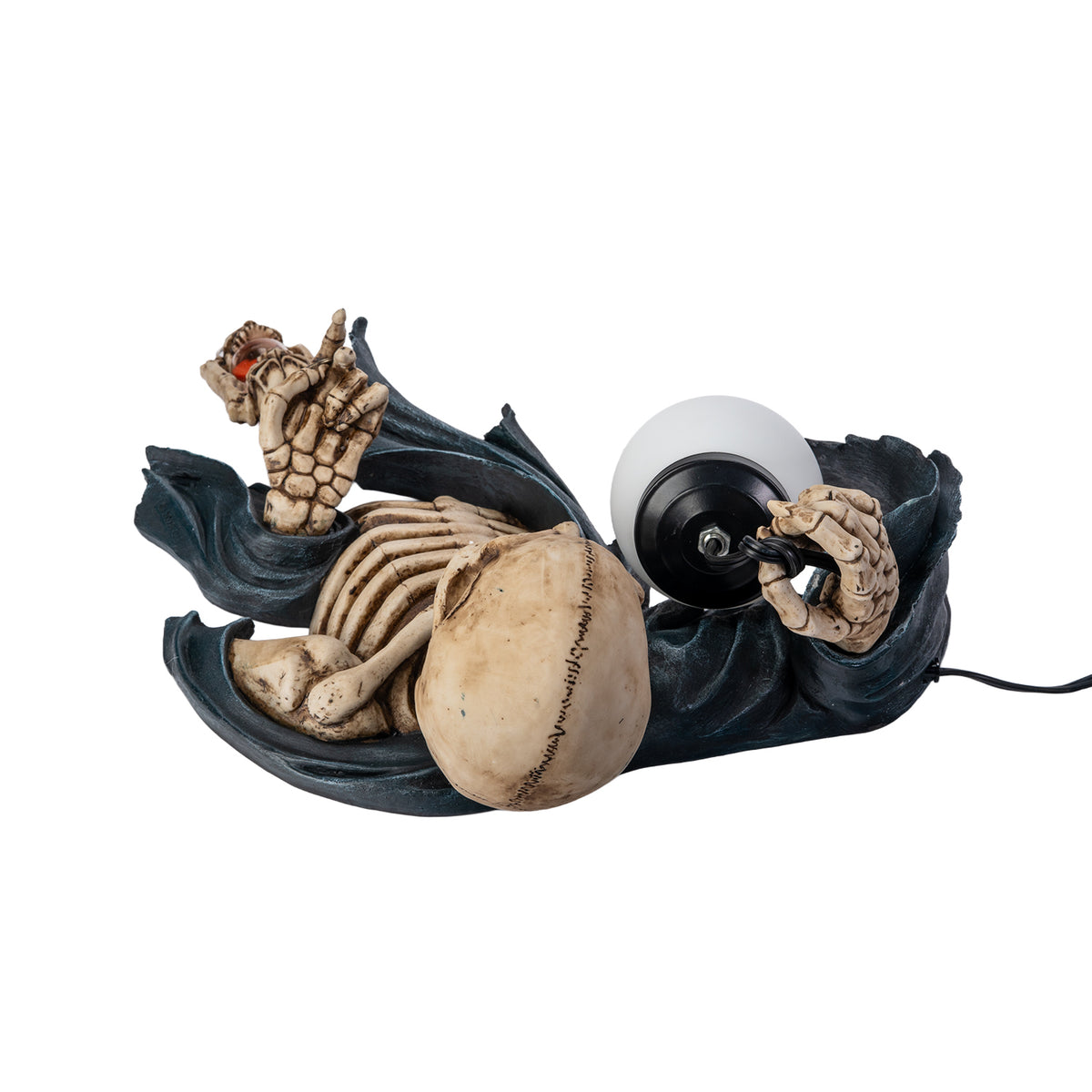 A wall lamp featuring a skeleton in black torn robe holding an orb light in one hand, hourglass in the other