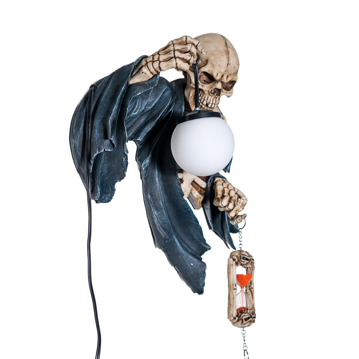 A wall lamp featuring a skeleton in black torn robe holding an orb light in one hand, hourglass in the other