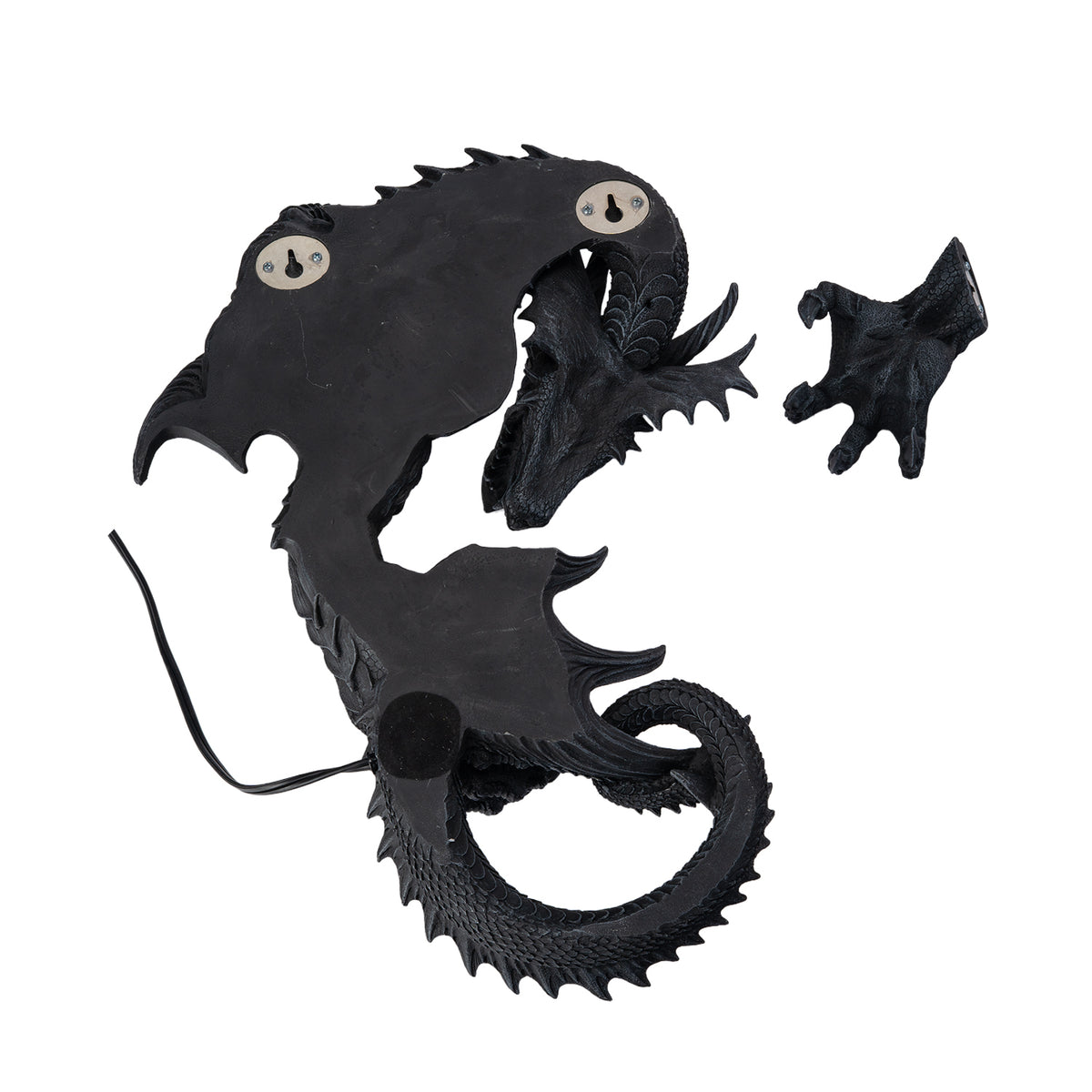 Dark gray faux-stone wall mounted lamp shaped like a dragon with an orb that glows - back shown with mounting holes