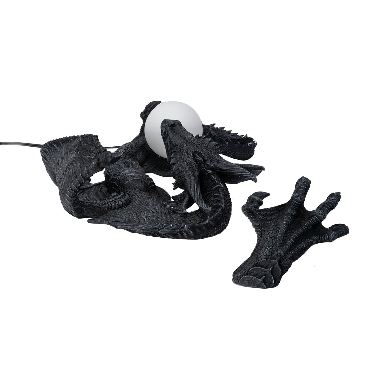 Dark gray faux-stone wall mounted lamp shaped like a dragon with an orb that glows, shown from the top