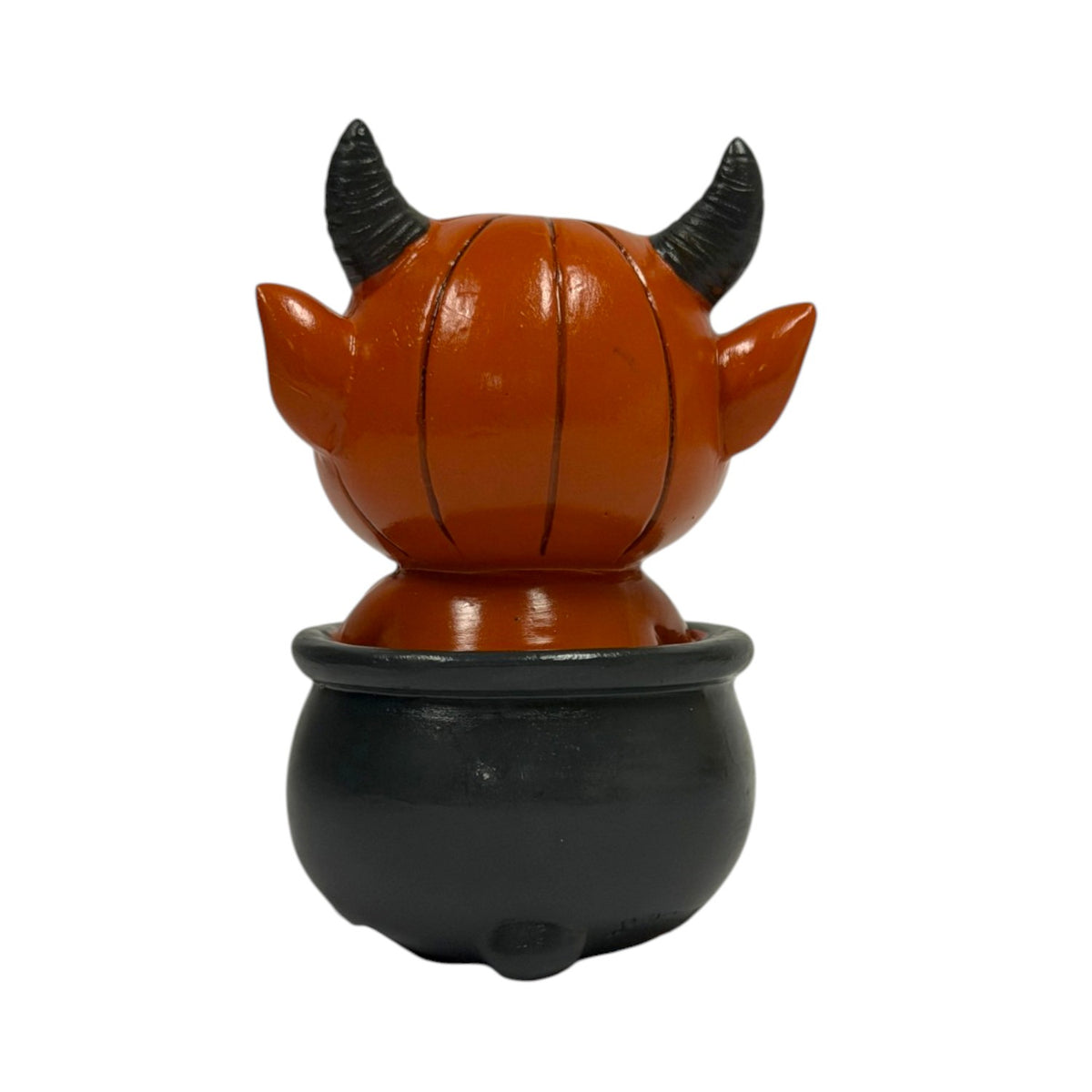 Orange pumpkin-head imp in a black cauldron with moons, shown from the back