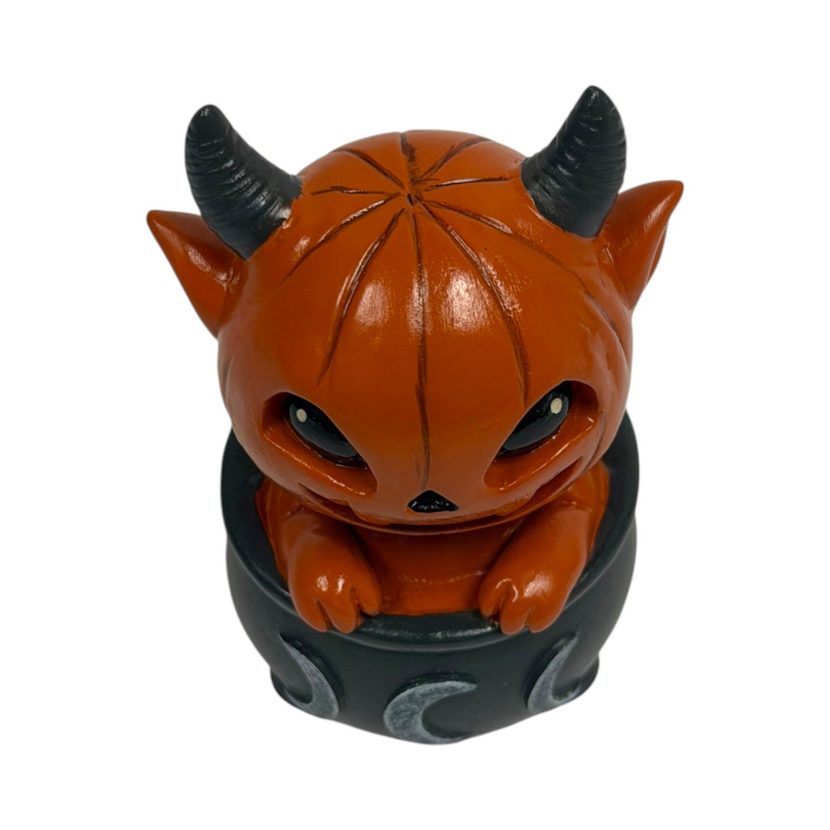 Orange pumpkin-head imp in a black cauldron with moons, shown top down
