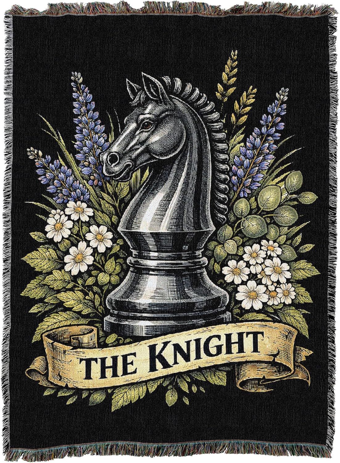 Decorative blanket with a knight chess piece and floral design on a black background