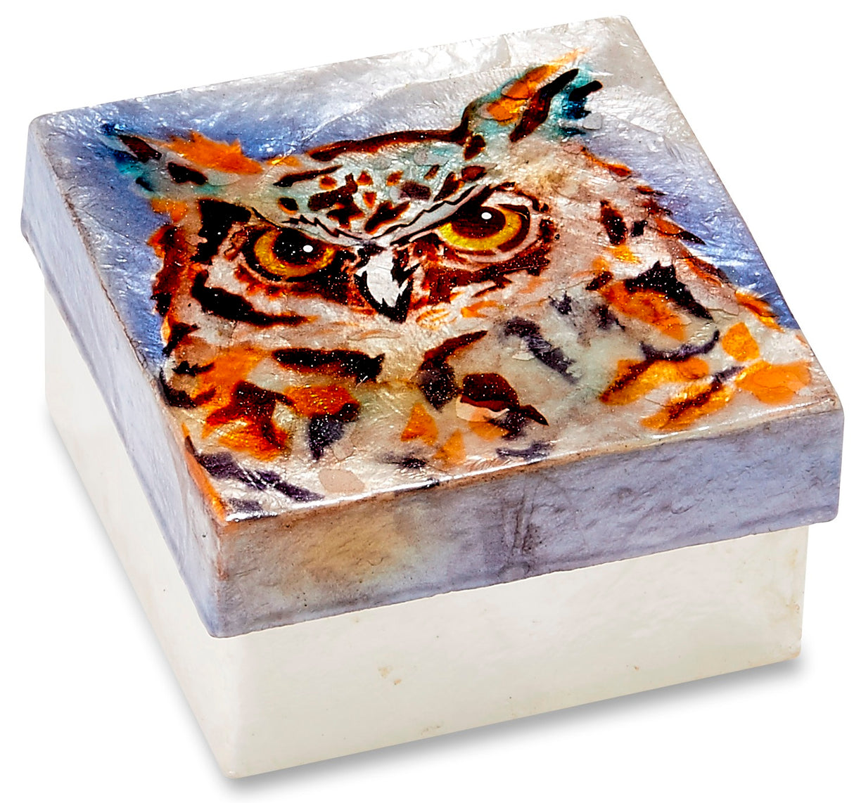 Square capiz shell box with golden-eyed owl on the lid