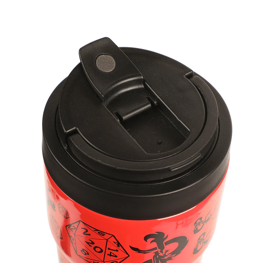 Red travel mug with black dice and D&D logo designs, showing black lid