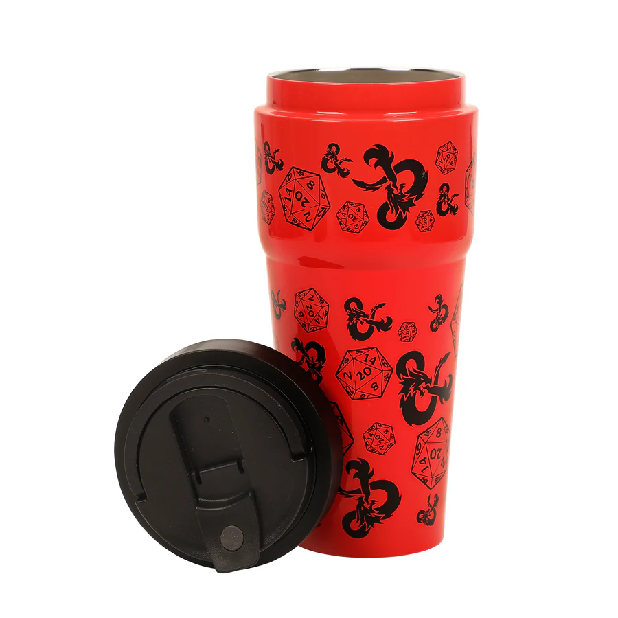 Red travel mug with black dice and D&D logo designs, shown open