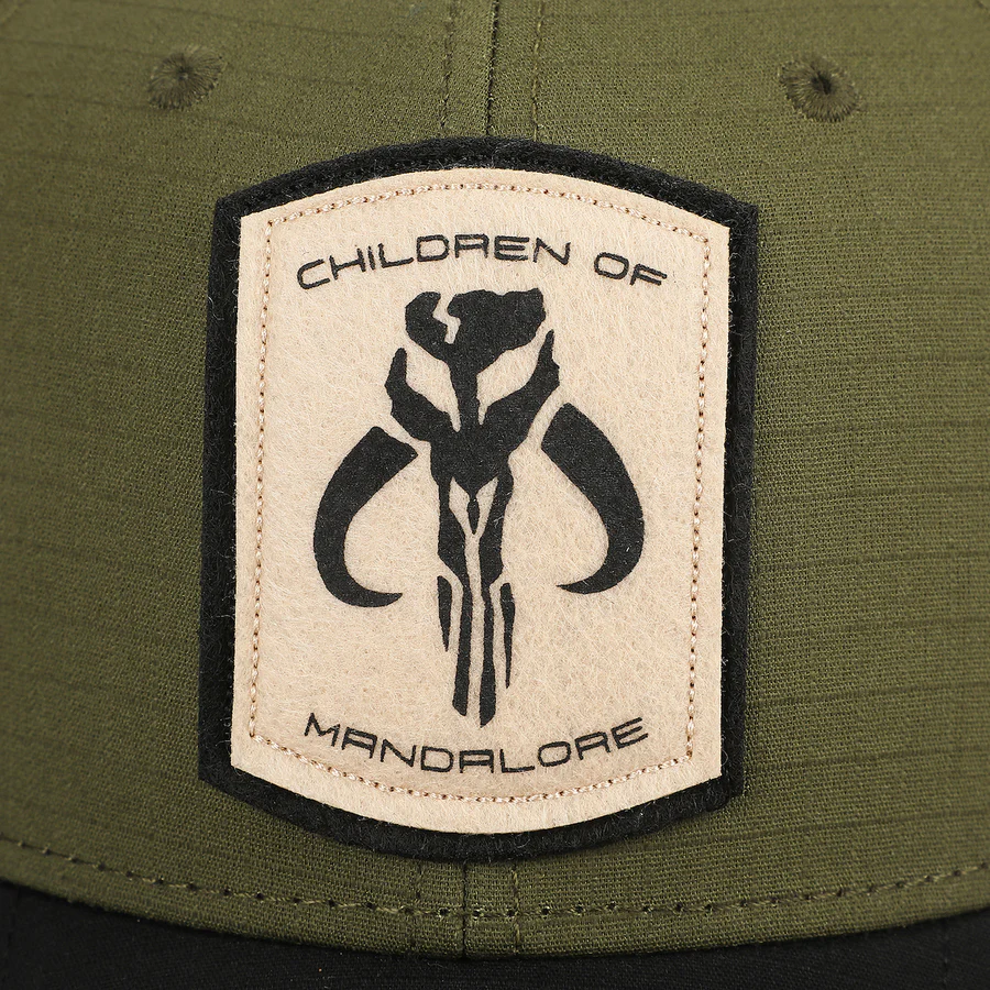 Green baseball cap with a patch featuring the Mandalorian emblem and phrase "Children of Mandalore"
