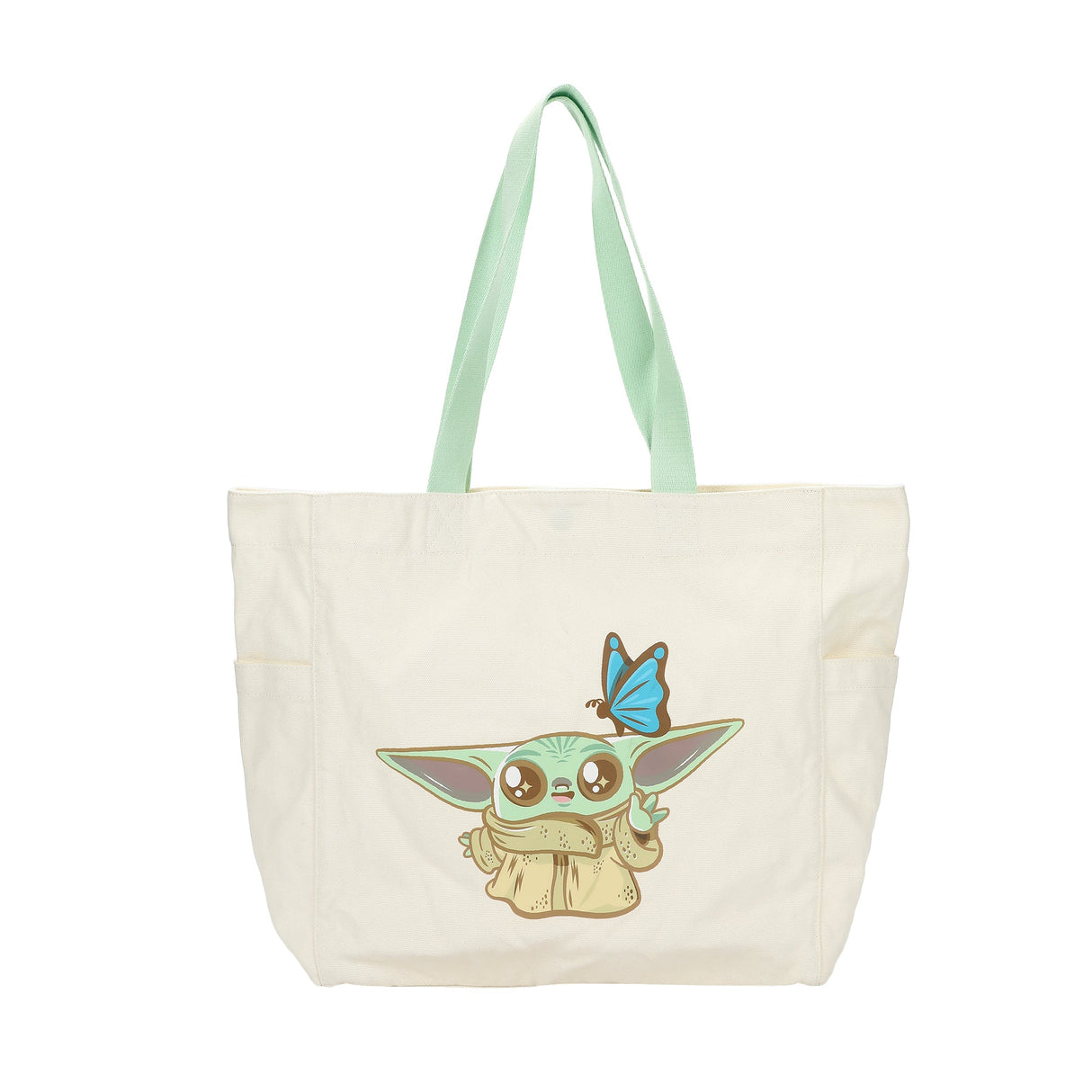 Tote bag with pale green handles and chibi Grogu with butterfly from The Mandalorian