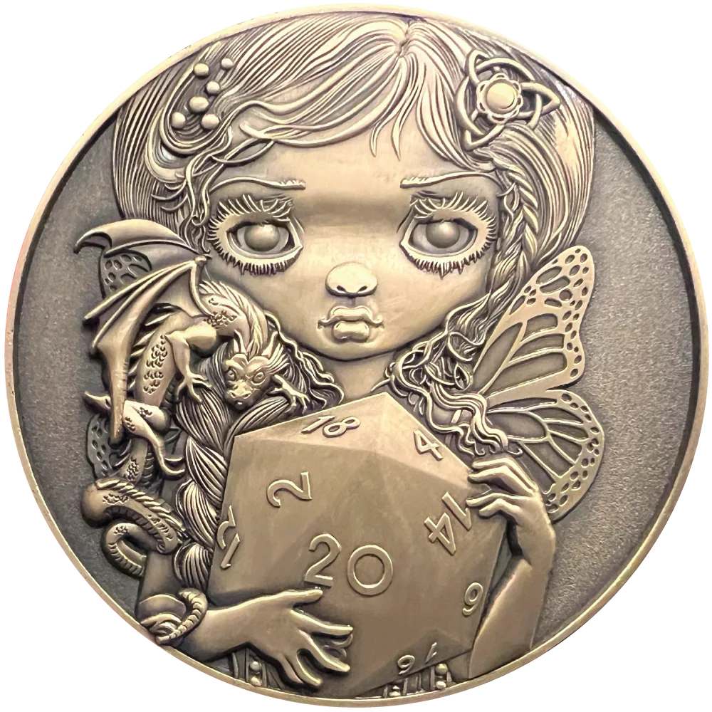 collectible metal coin with Jasmine Becket-Griffith's 20 Sided Dice, Fairy, and dragon