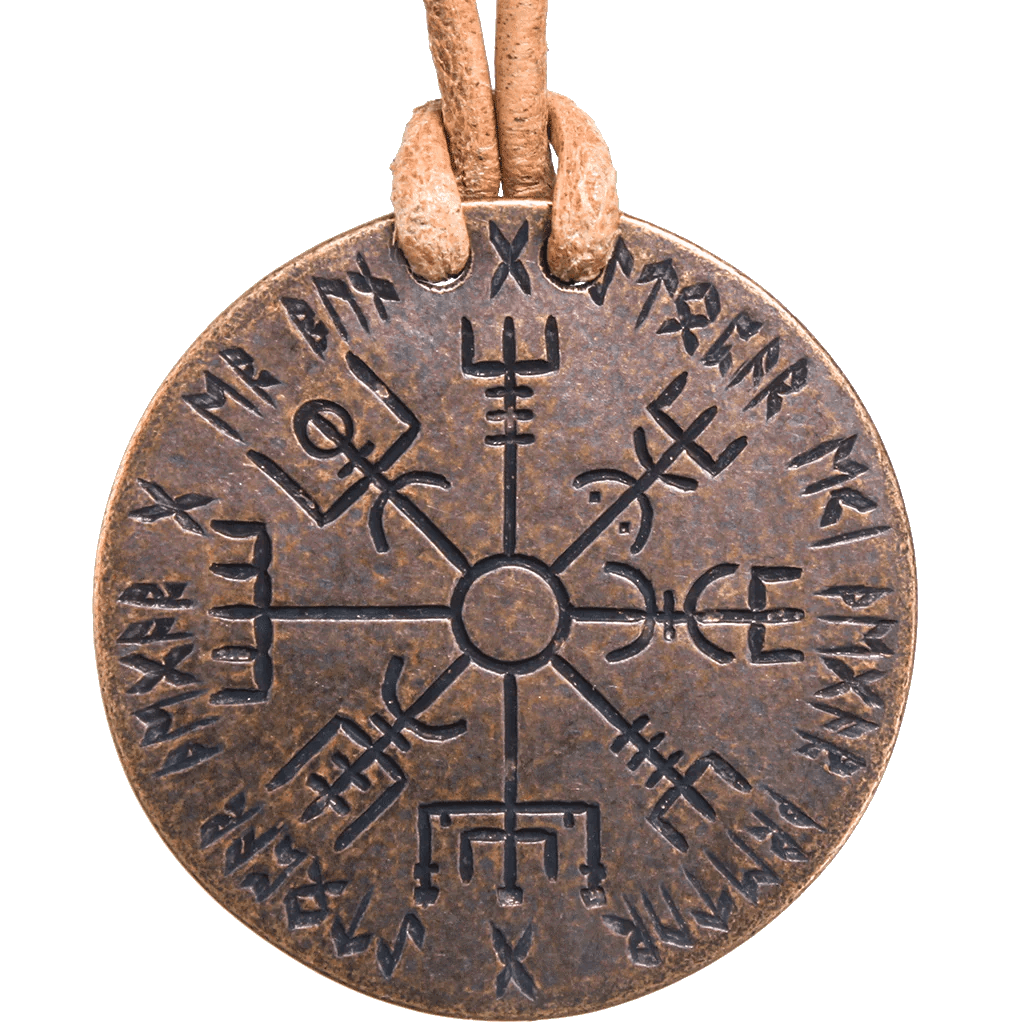 Back side of necklace, Vegvesir Norse compass in bronze