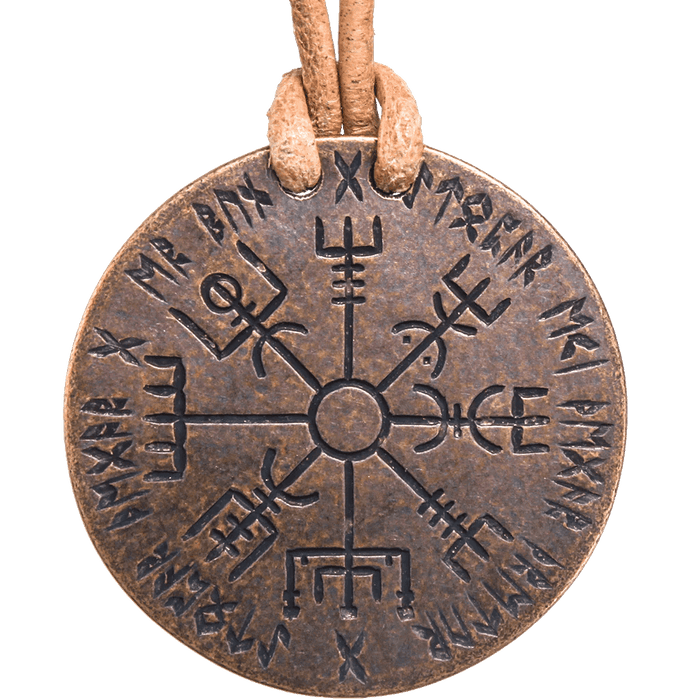 Back side of necklace, Vegvesir Norse compass in bronze