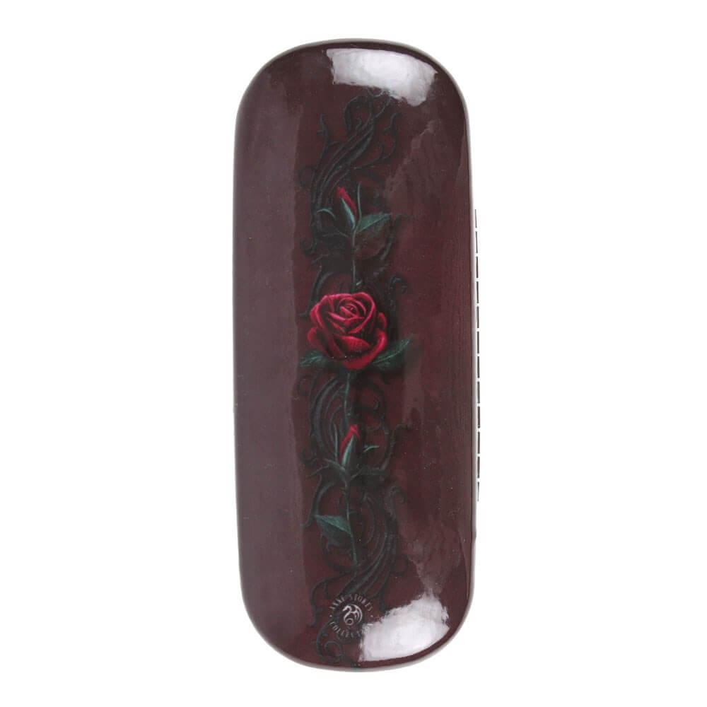 Back of glasses case in maroon with red rose