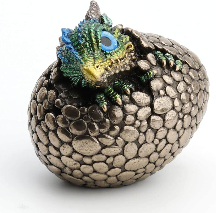 Green-blue-yellow baby dragon with blue eye hatching from metallic egg