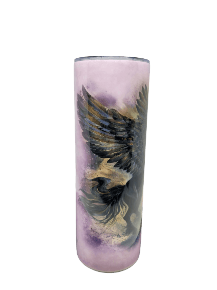 Black Pegasus on pink background, barista tumbler hot/cold travel mug. Art by Jody Bergsma