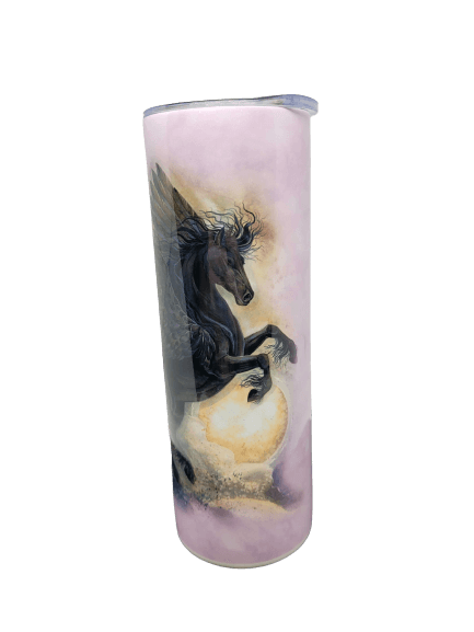Black Pegasus on pink background, barista tumbler hot/cold travel mug. Art by Jody Bergsma