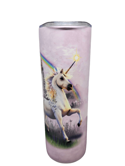Unicorn, rainbow and castle on pink background on barista travel tumbler mug