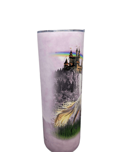 Unicorn, rainbow and castle on pink background on barista travel tumbler mug