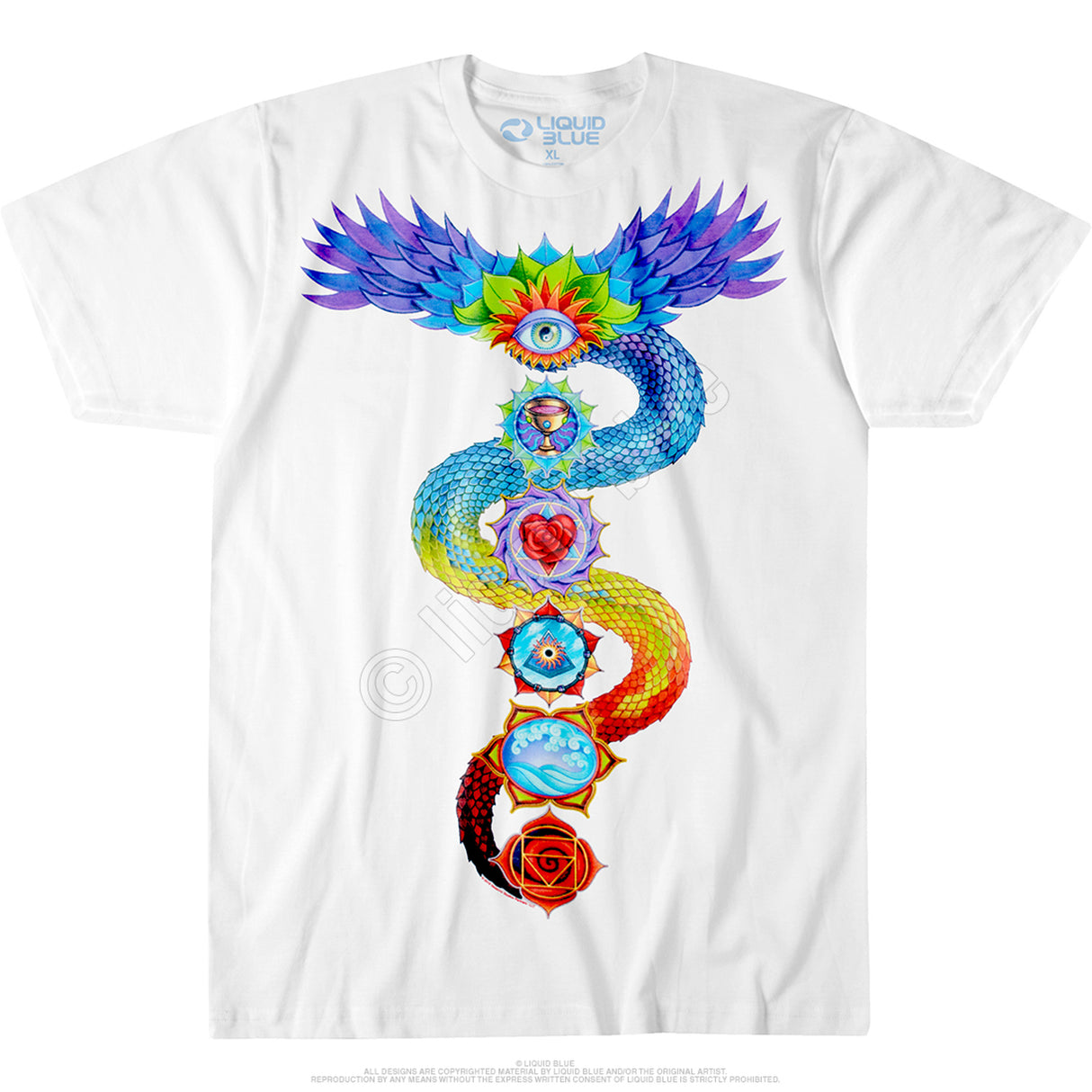 White t-shirt with rainbow dragon chakra design