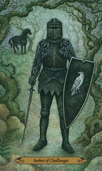 Card example - Seeker of Challenges showing a knight in black armor with bird on shield