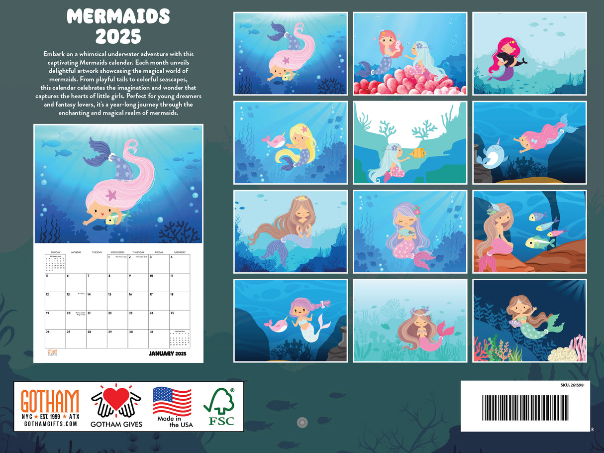 Mermaids 2025 calendar showing the back with monthly examples