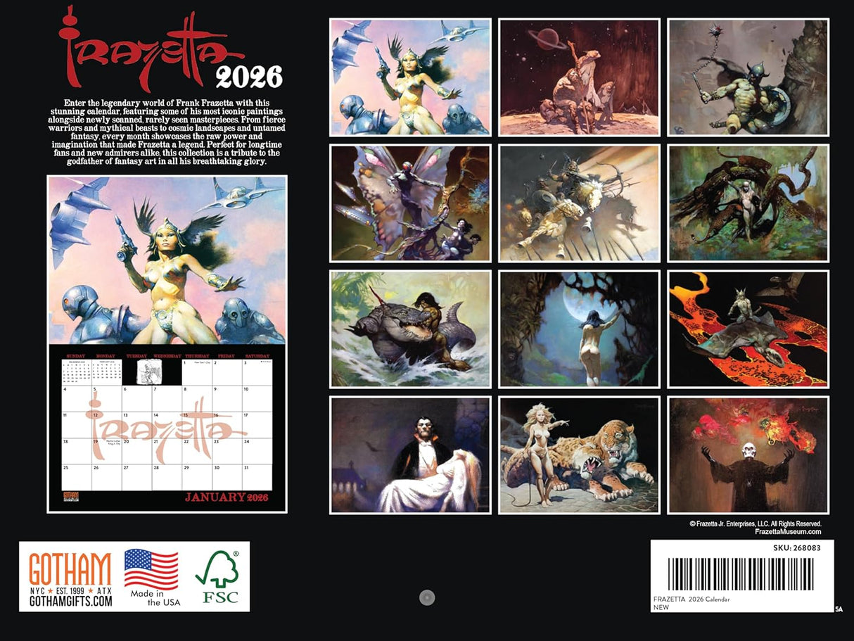 Gotham 2026 calendar with fantasy-themed illustrations by Frazetta, back cover