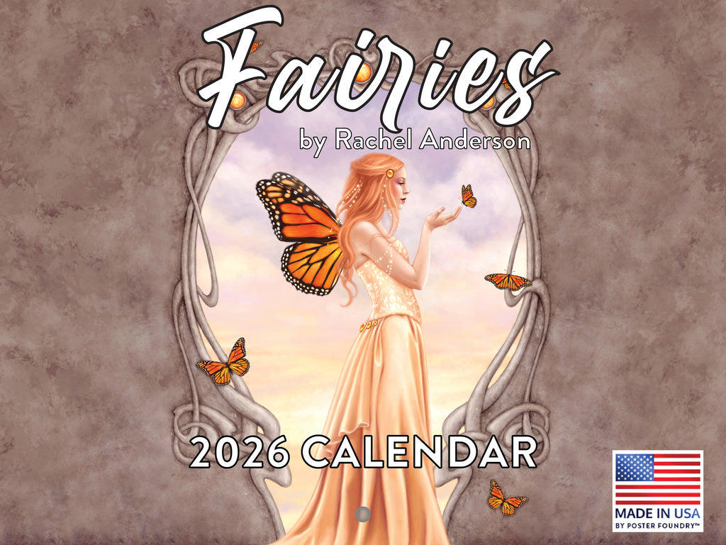 2026 Rachel Anderson calendar cover featuring a fairy with butterflies against a textured brown background
