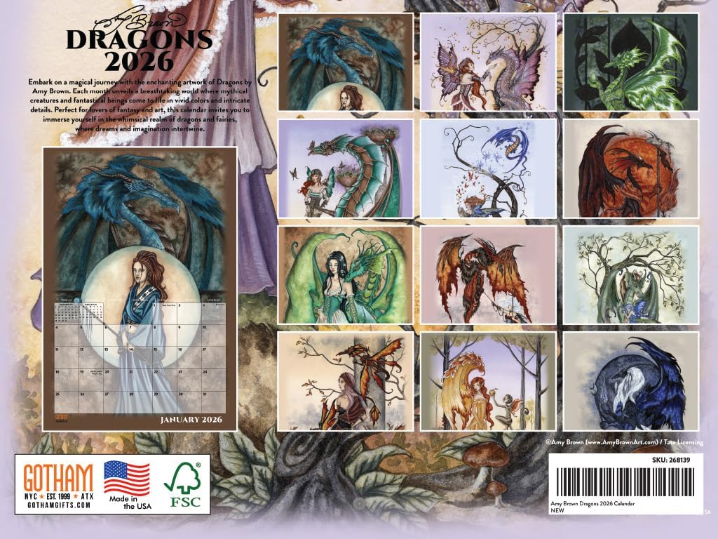 Back cover of Amy Brown 2026 dragons calendar showing each month