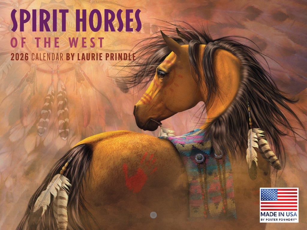 Calendar cover featuring a stylized horse with Native American elements and text 'Spirit Horses of the West' by Laurie Prindle.