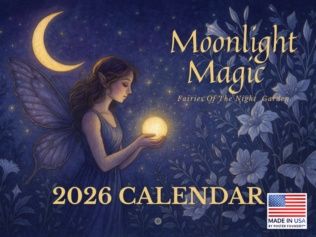 2026 Moonlight Magic fairies calendar featuring a fairy holding a moon with floral designs
