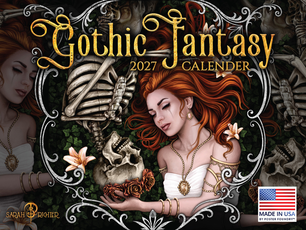 2027 Gothic Fantasy wall calendar by Sarah Richter front cover showing woman and skeleton