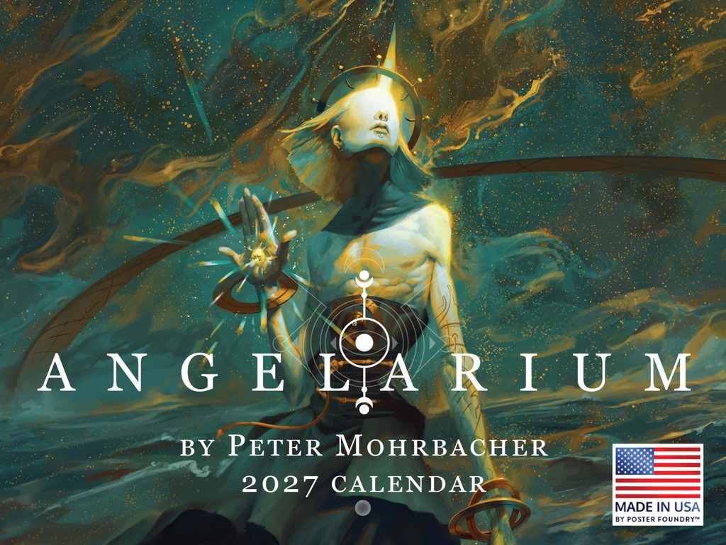 Angelarium Wall Calendar by Peter Mohrbacher - 2027 - front cover showing surreal angelic figure