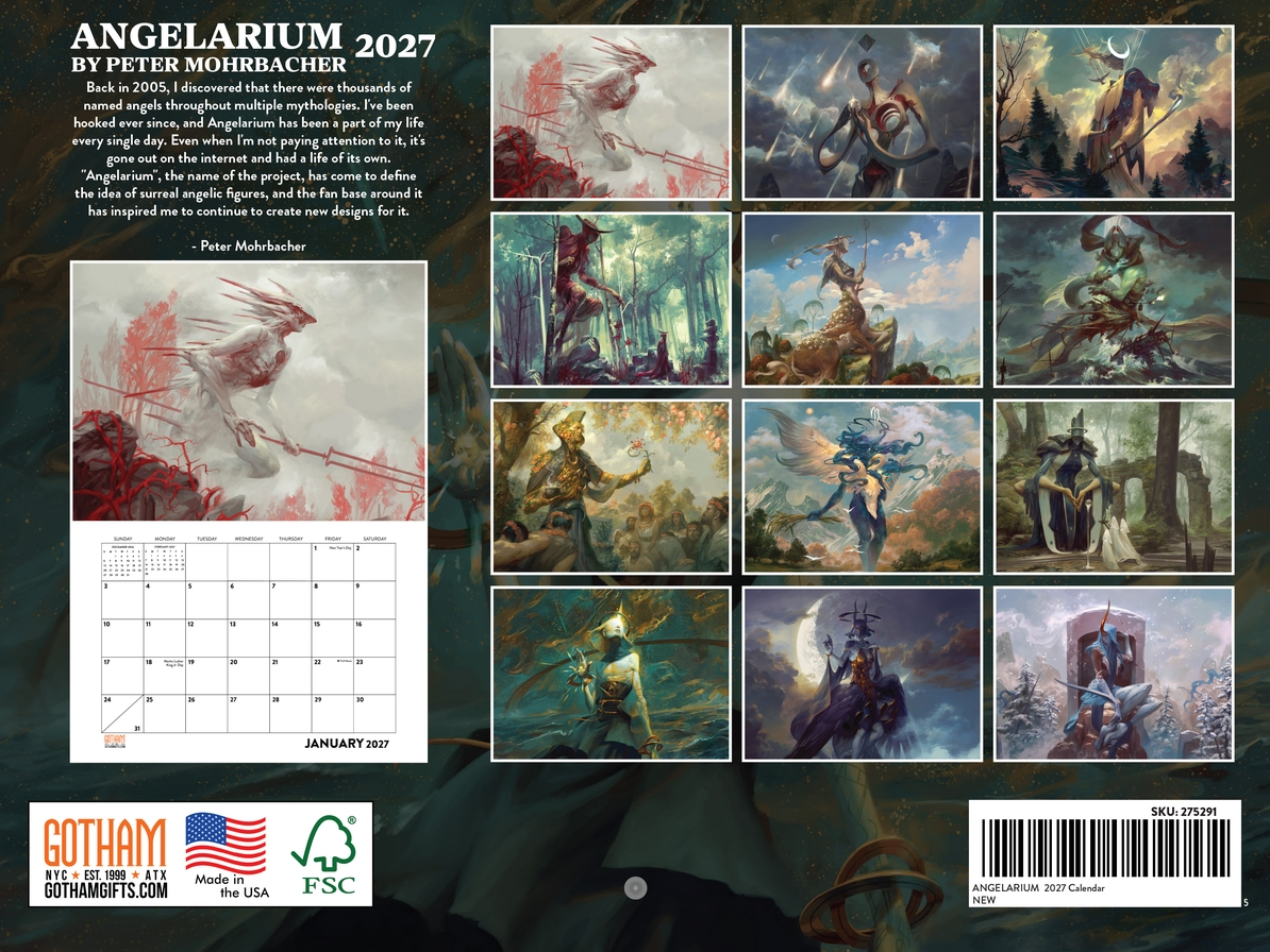 Angelarium Wall Calendar by Peter Mohrbacher - 2027 - back cover showing all images