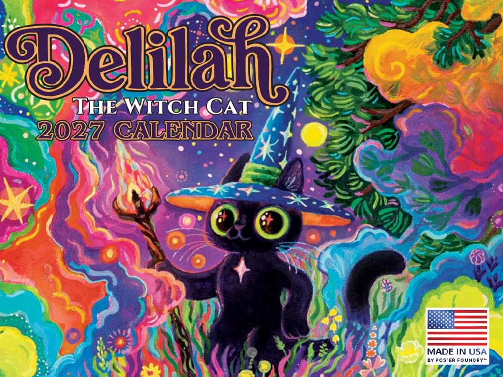 2027 Delilah the Witch Cat Wall Calendar cover - colorful with black cat