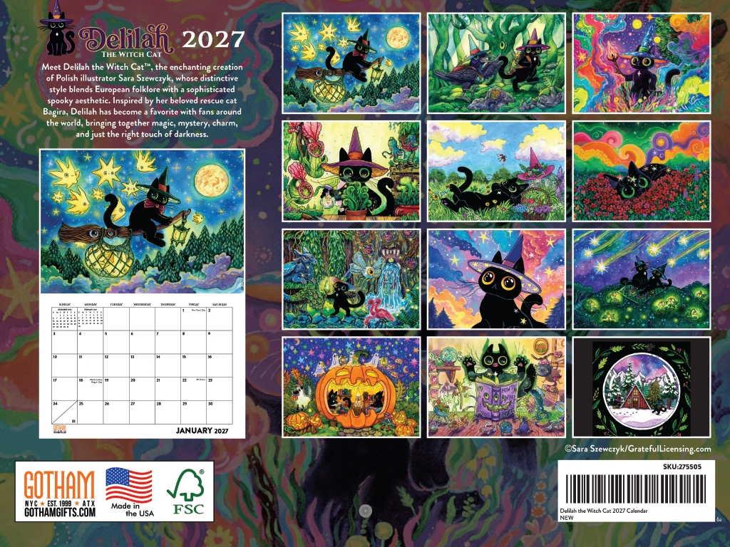 2027 Delilah the Witch Cat Wall Calendar back cover showing all images