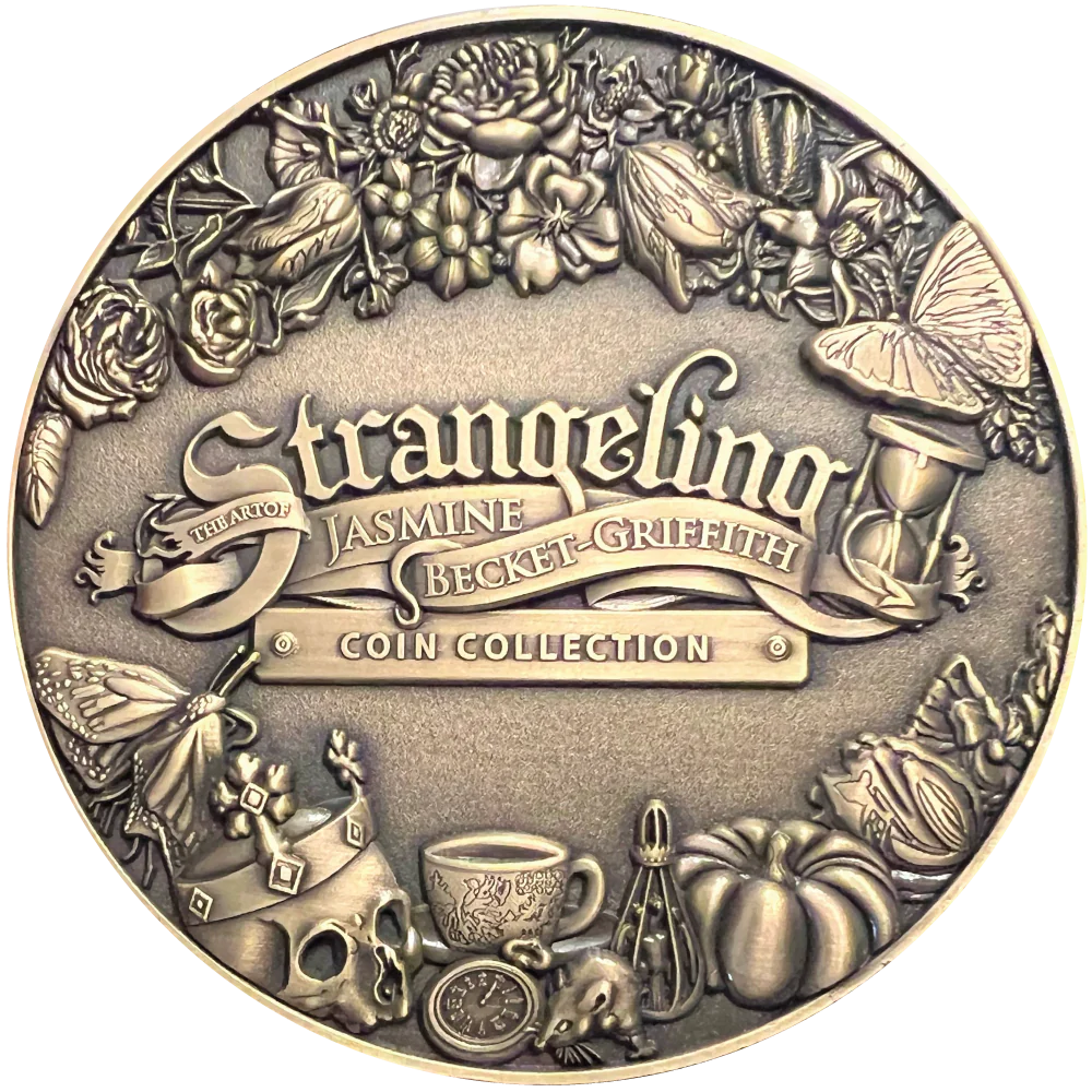 Back of coin with Jasmine Becket-Griffith Strangeling logo, flowers, bugs, skull, pumpkin, other items
