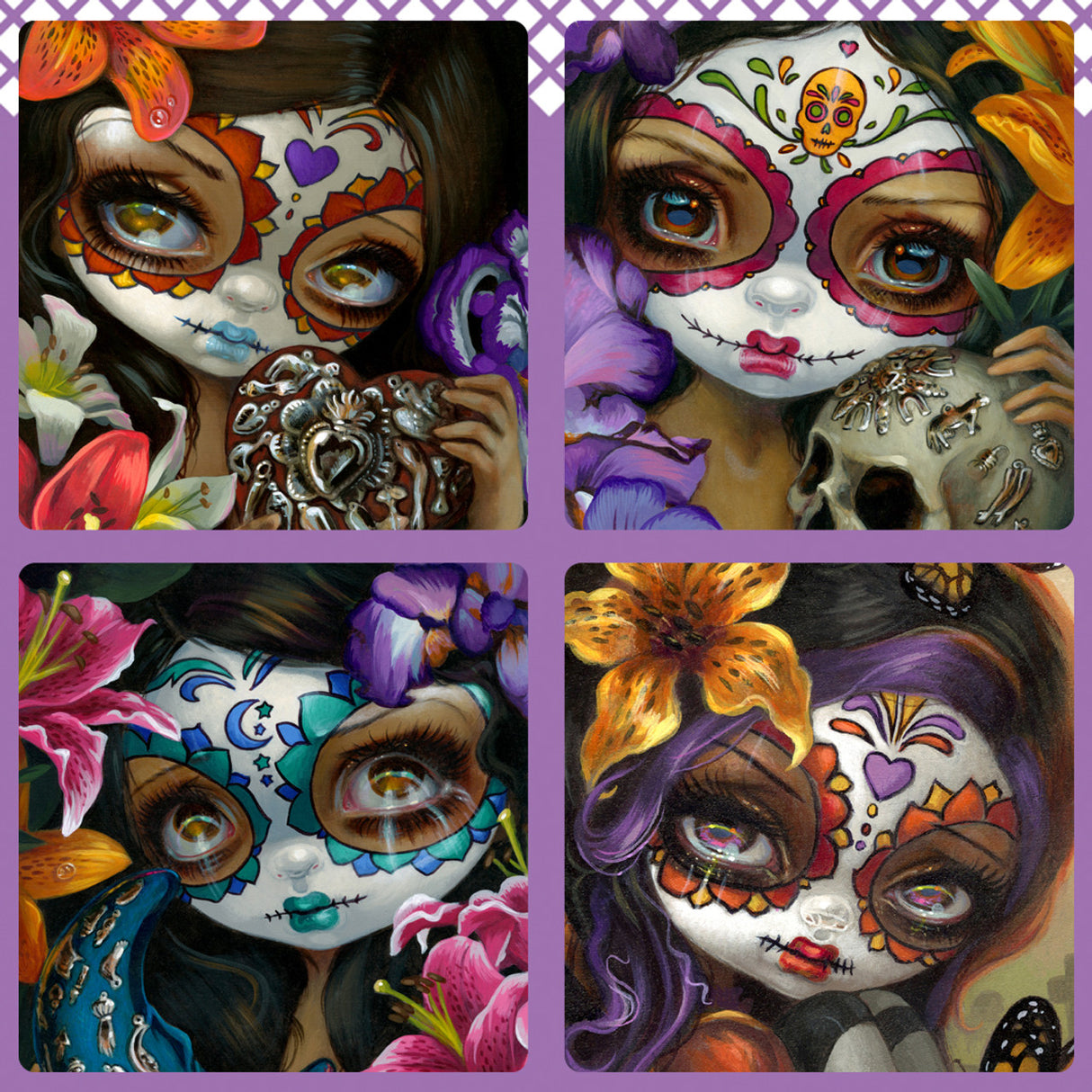 Set of 4 coasters with sugar skull day of the dead ladies