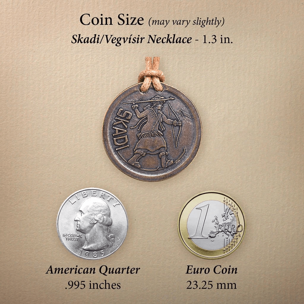 Bronze Skadi necklace showing coins for size comparison