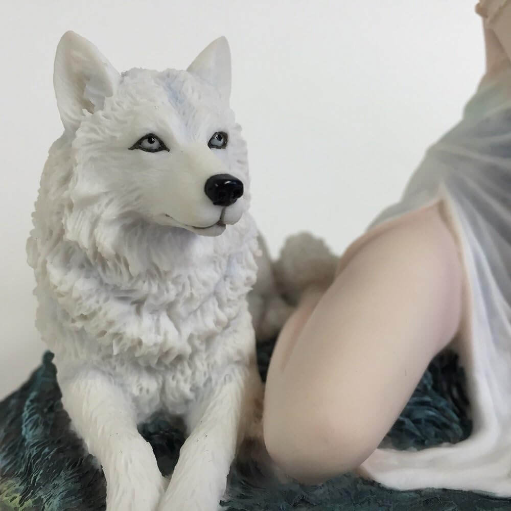 Closeup of white wolf gazing upwards