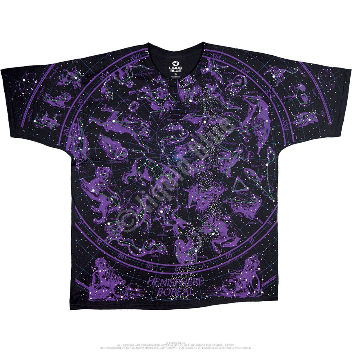 Black t-shirt with white stars and purple constellation designs, double sided