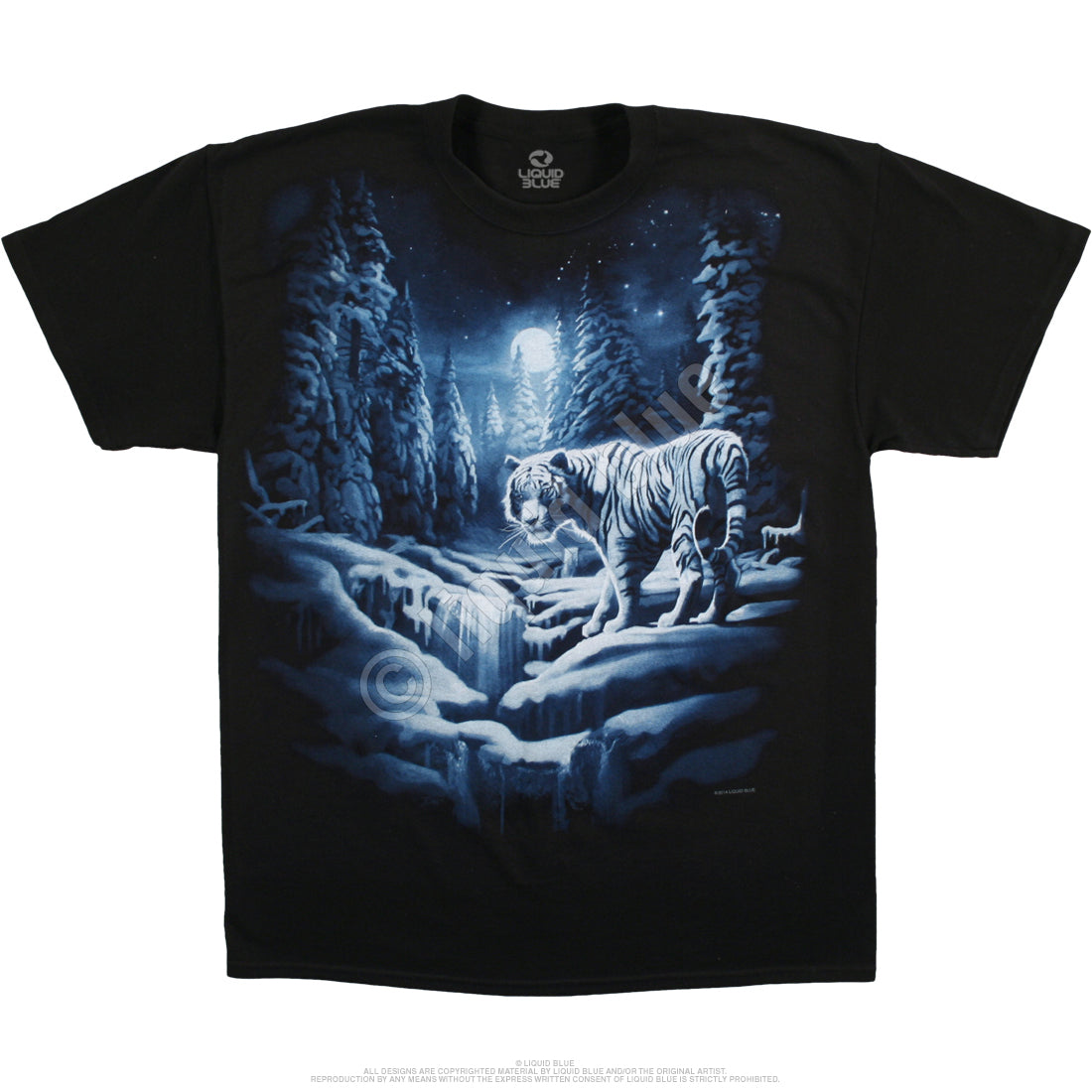 Black t-shirt with snowy full moon scene of pine trees and a white tiger