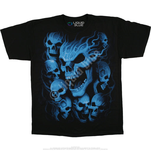 Black shirt with blue skeleton skull faces
