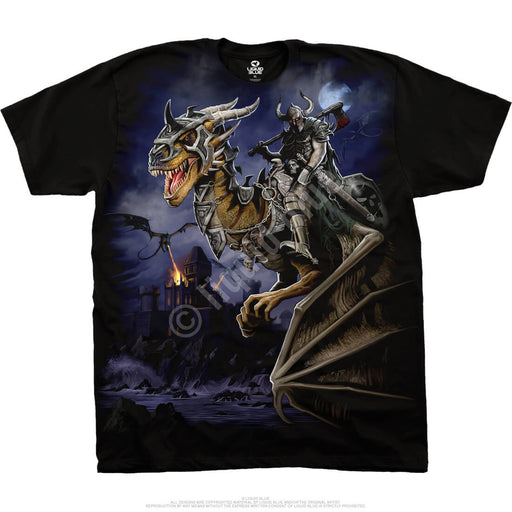 Black t-shirt with dragon ridden by a warrior in armor, another dragon in background breathing fire on a castle