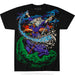 Black double sided shirt with wizard designs. Front: wizard with blue orb staff, green smoke, magic