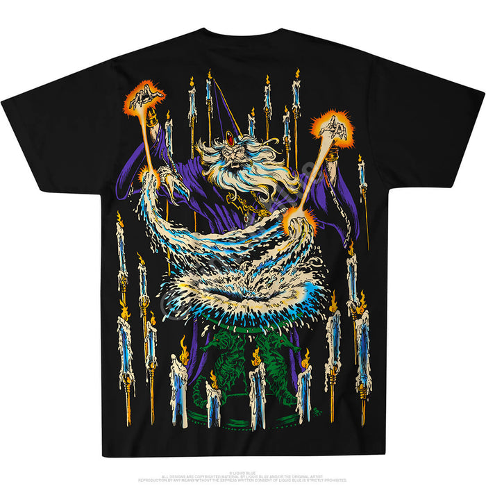 Black double sided shirt with wizard designs. Back: wizard with candles doing magic