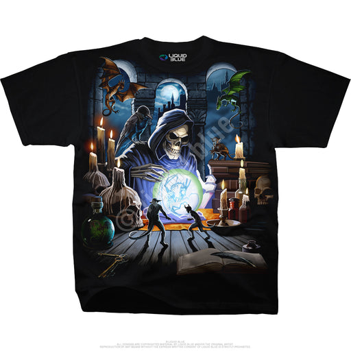Black shirt with grim reaper staring at glowing orb, dragon skeleton inside. Raven on shoulder, dragons above, candles, minions, other objects on table