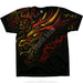 Black t-shirt with gold and red Asian dragon designs