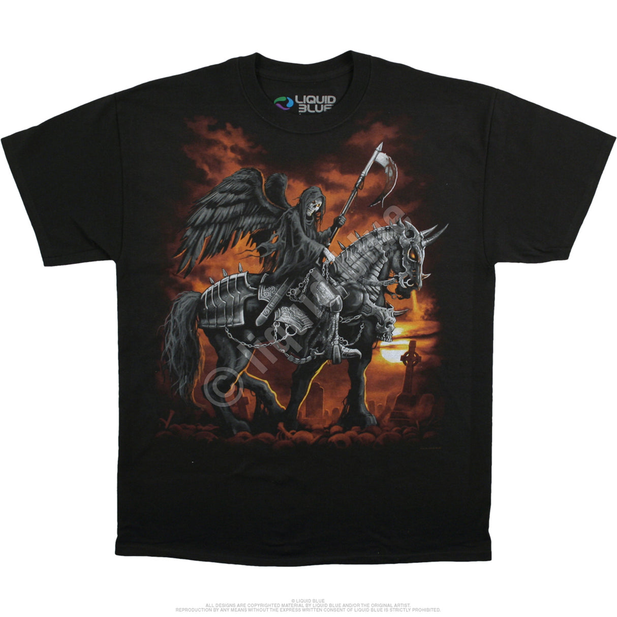 Black t-shirt, winged grim reaper with scythe on a horse in graveyard