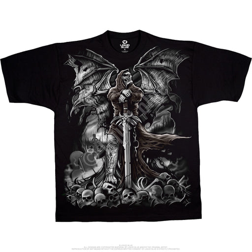 Black tee shirt with skeleton grim reaper warrior standing in graveyard full of skulls and bones