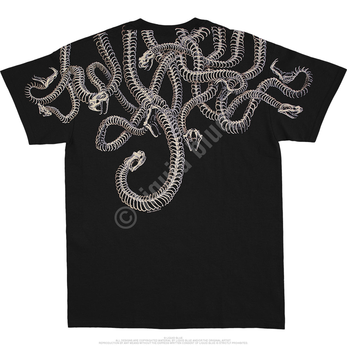 Back of Black t-shirt with white snake skeleton design on a plain background